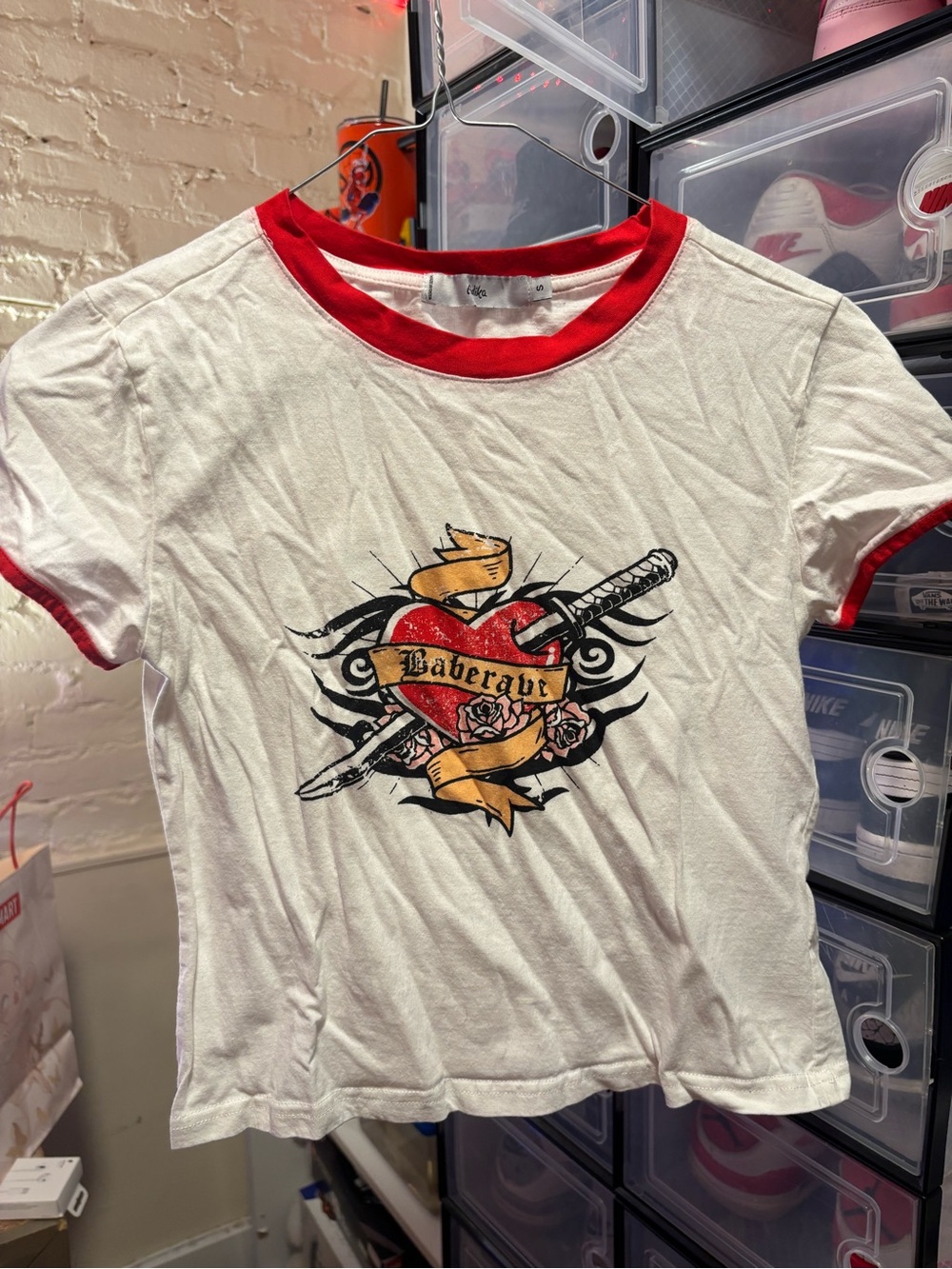 Women White & Red Ringer Tee with Heart Graphic
